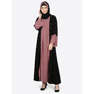 Double layered Dubai abaya- Black-Puce pink